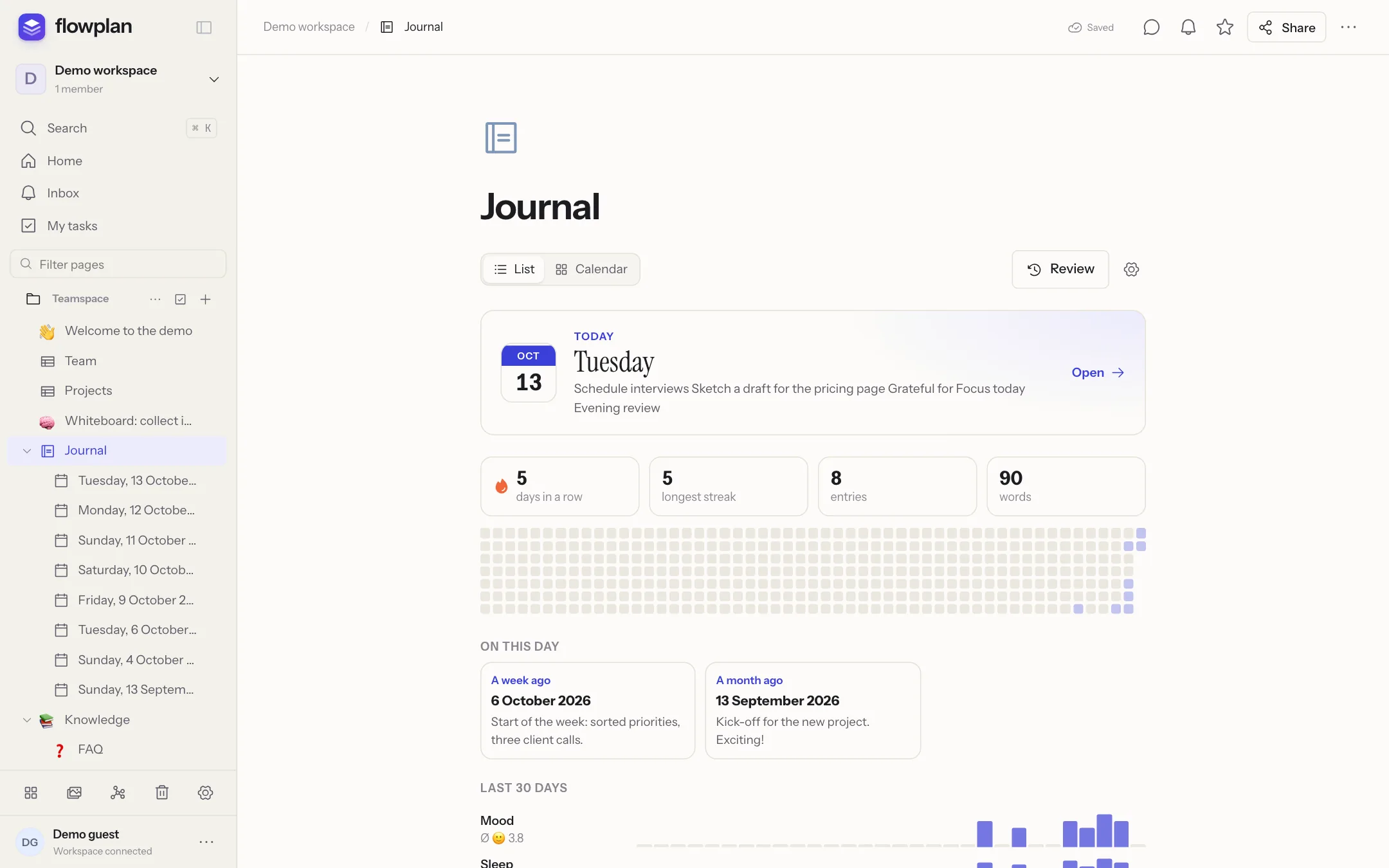 The journal with today's entry, a writing streak, memories and mood statistics
