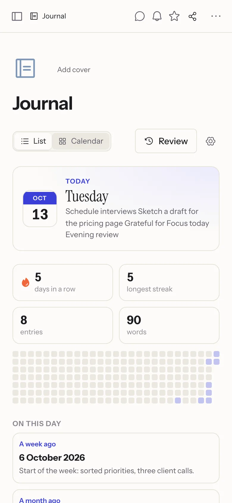 The journal on a phone