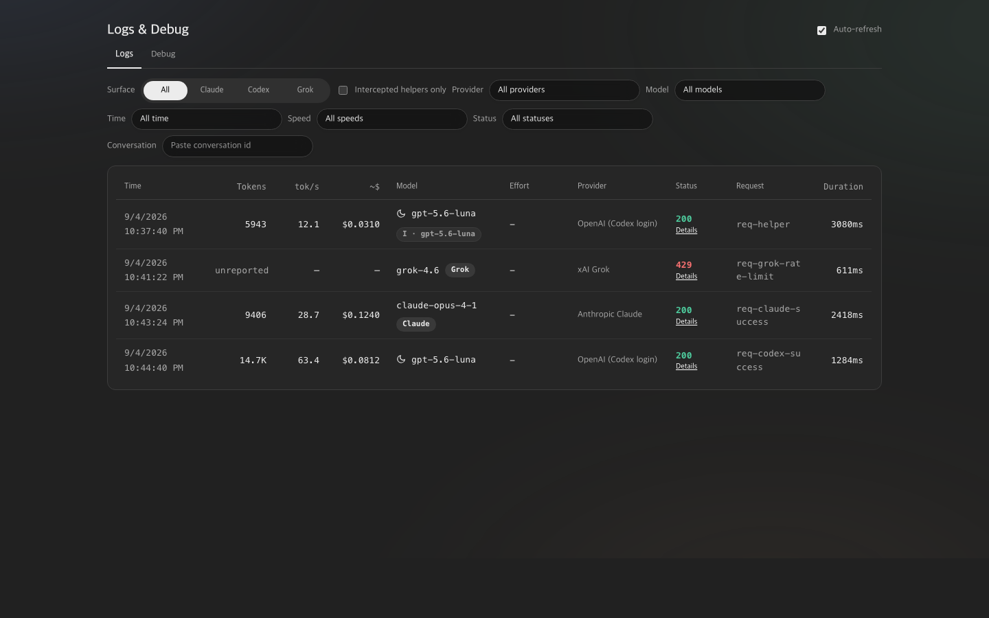 Logs filter controls