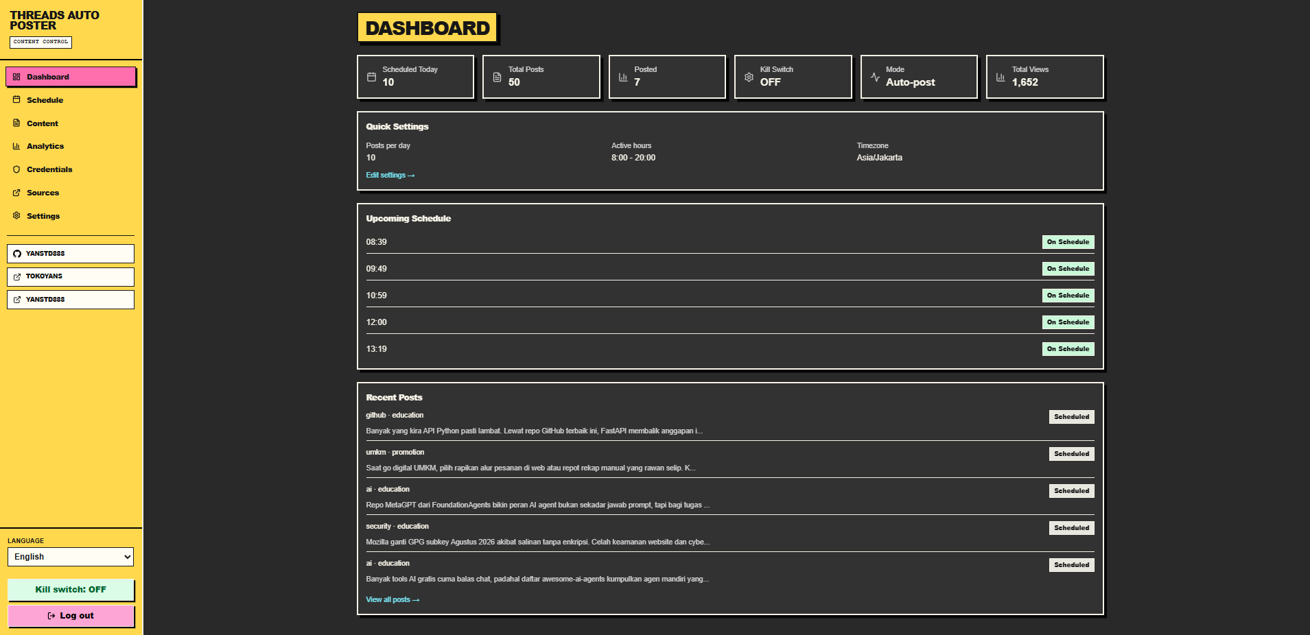 Threads Auto Poster dashboard with sidebar navigation, schedule overview, quick settings, and recent posts