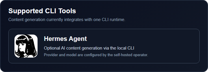 Supported CLI tools: Hermes Agent