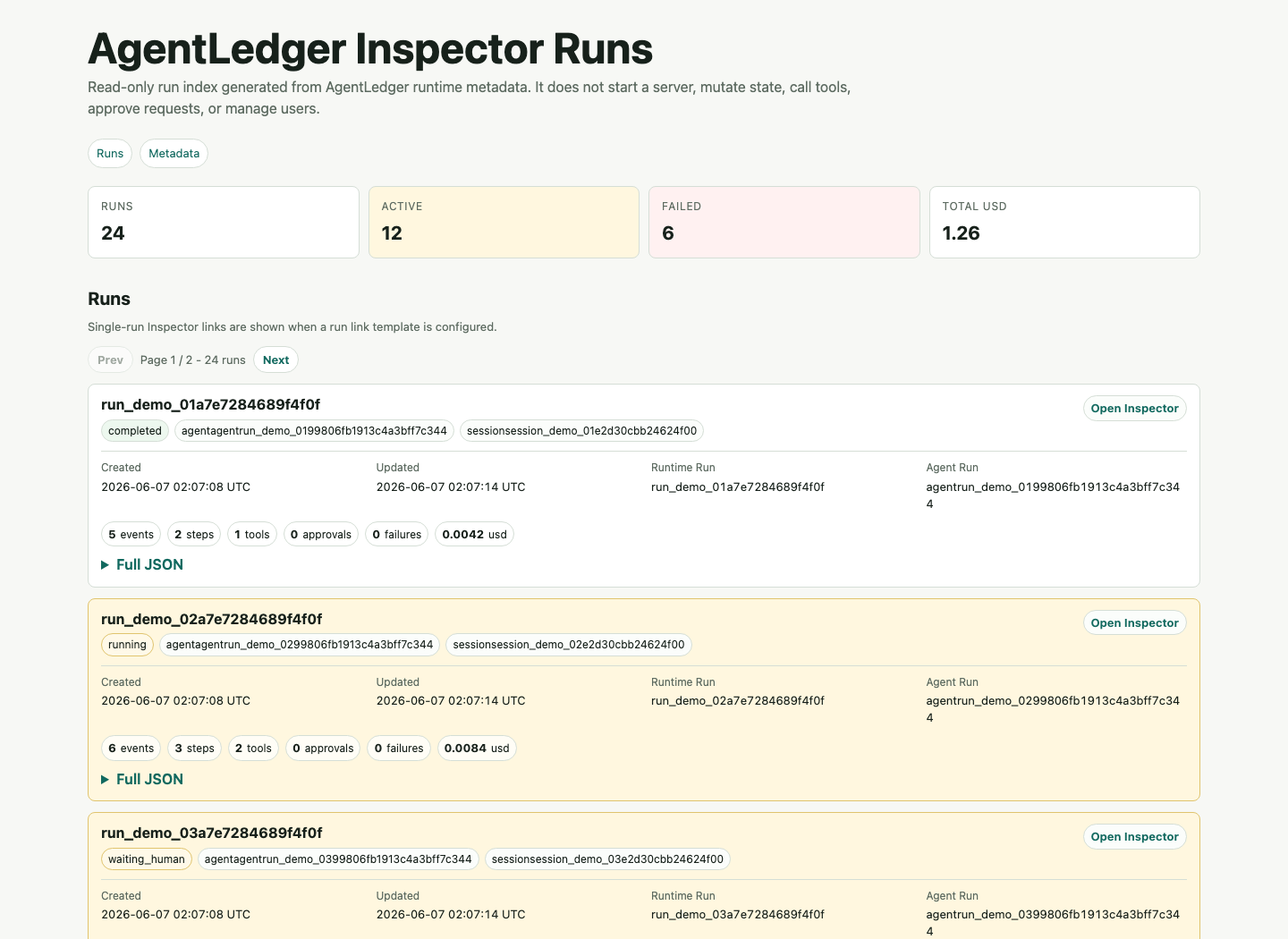 AgentLedger Inspector run index