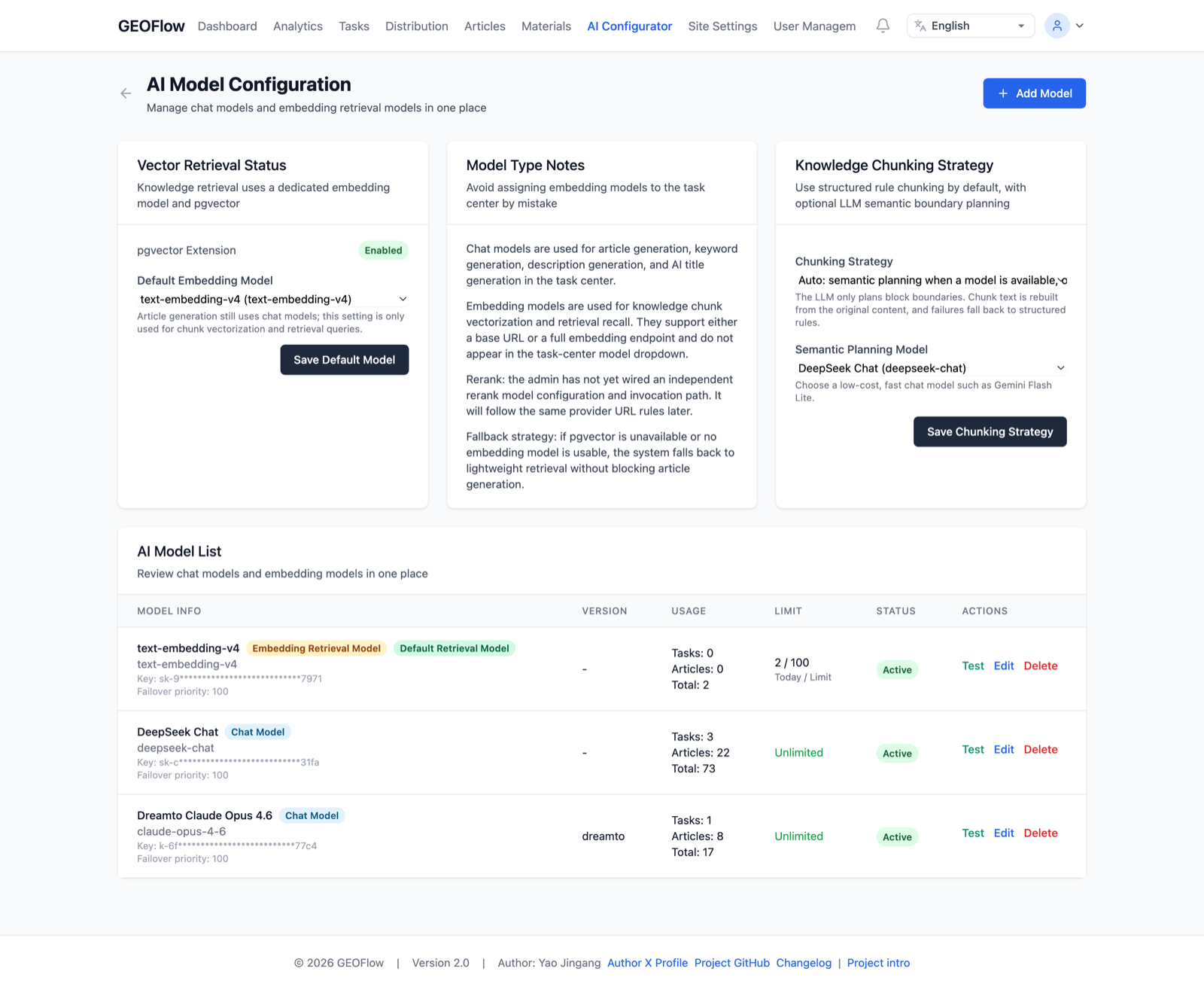 GEOFlow AI model configuration preview