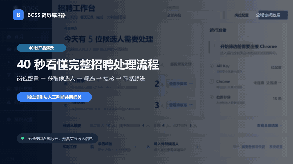 BOSS 简历筛选器从岗位配置到联系跟进的 38 秒合成数据演示