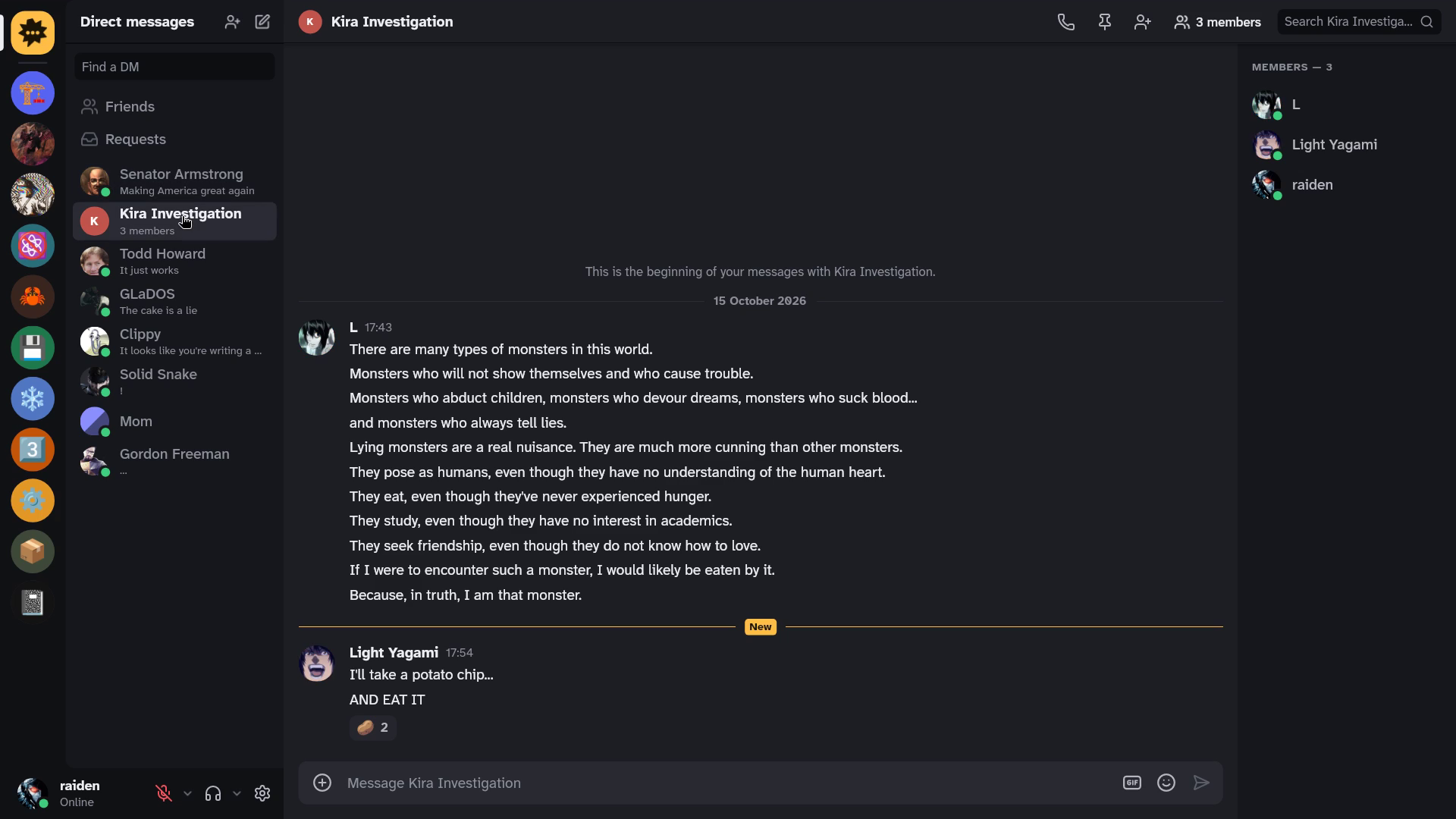 Yapfast showing a group DM, with the server list on the left, the conversation in the middle and its members on the right