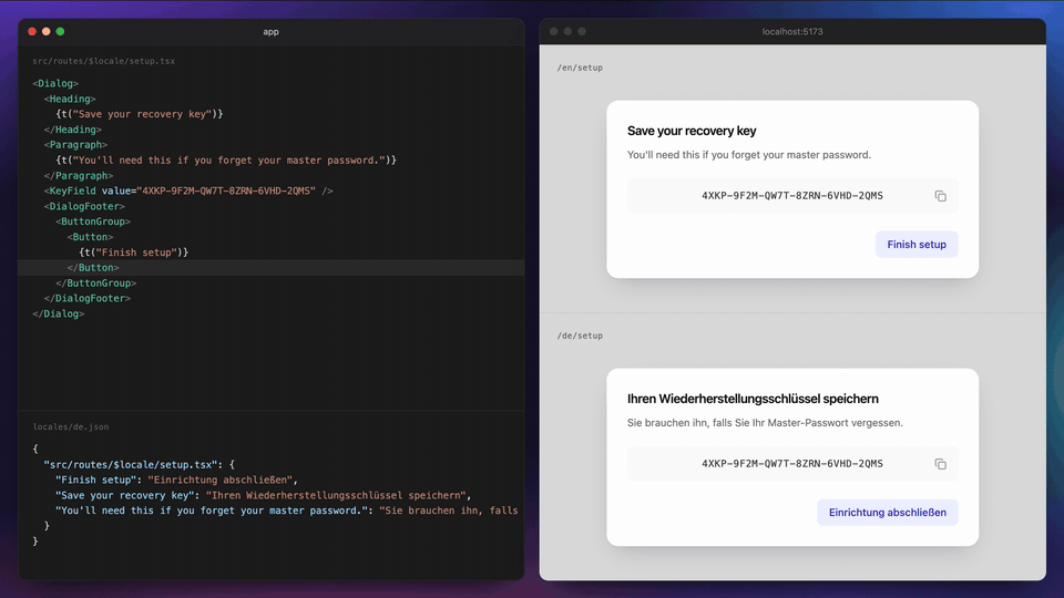 A t() call is saved, translated into de.json, and pushed to the browser over HMR.