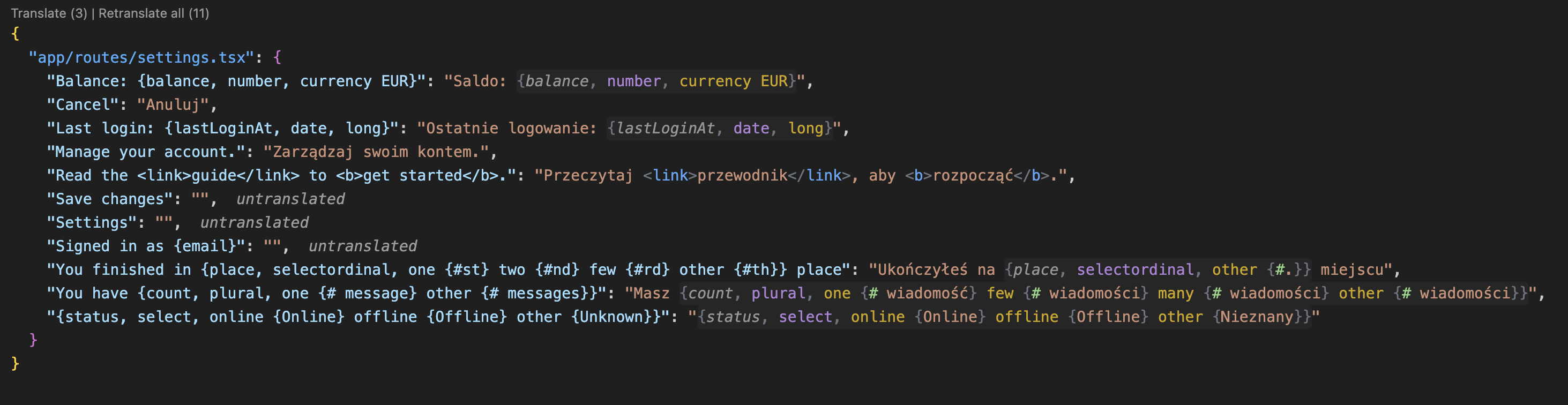 Translate (3) and Retranslate all (11) above pl.json, three entries marked untranslated