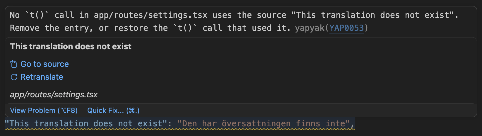 An entry no t() call uses: the YAP0053 diagnostic, linked to its docs page