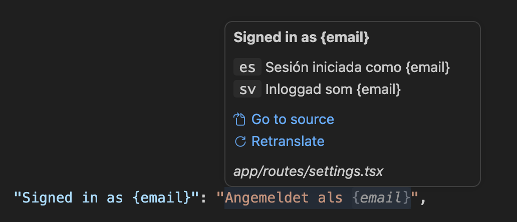 Hovering an entry in de.json: the source string, the es and sv translations, Go to source and Retranslate