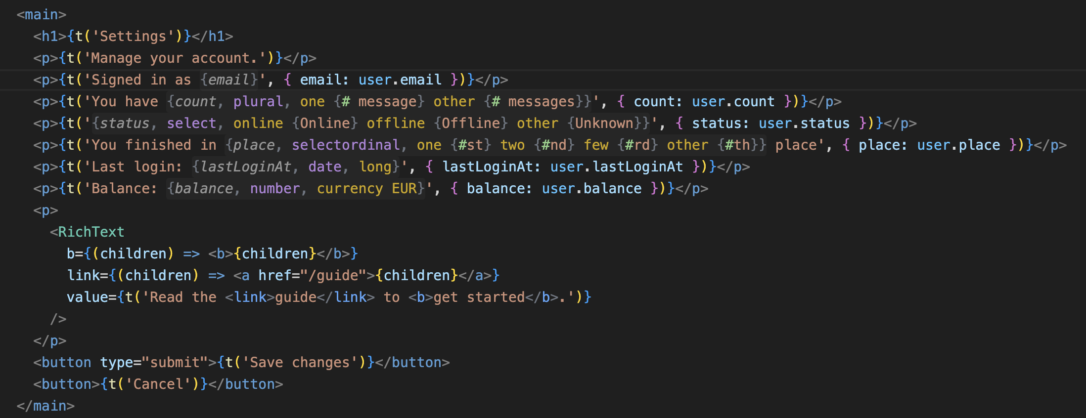 t() calls with highlighted placeholders, plural, select and selectordinal branches, # and rich-text tags