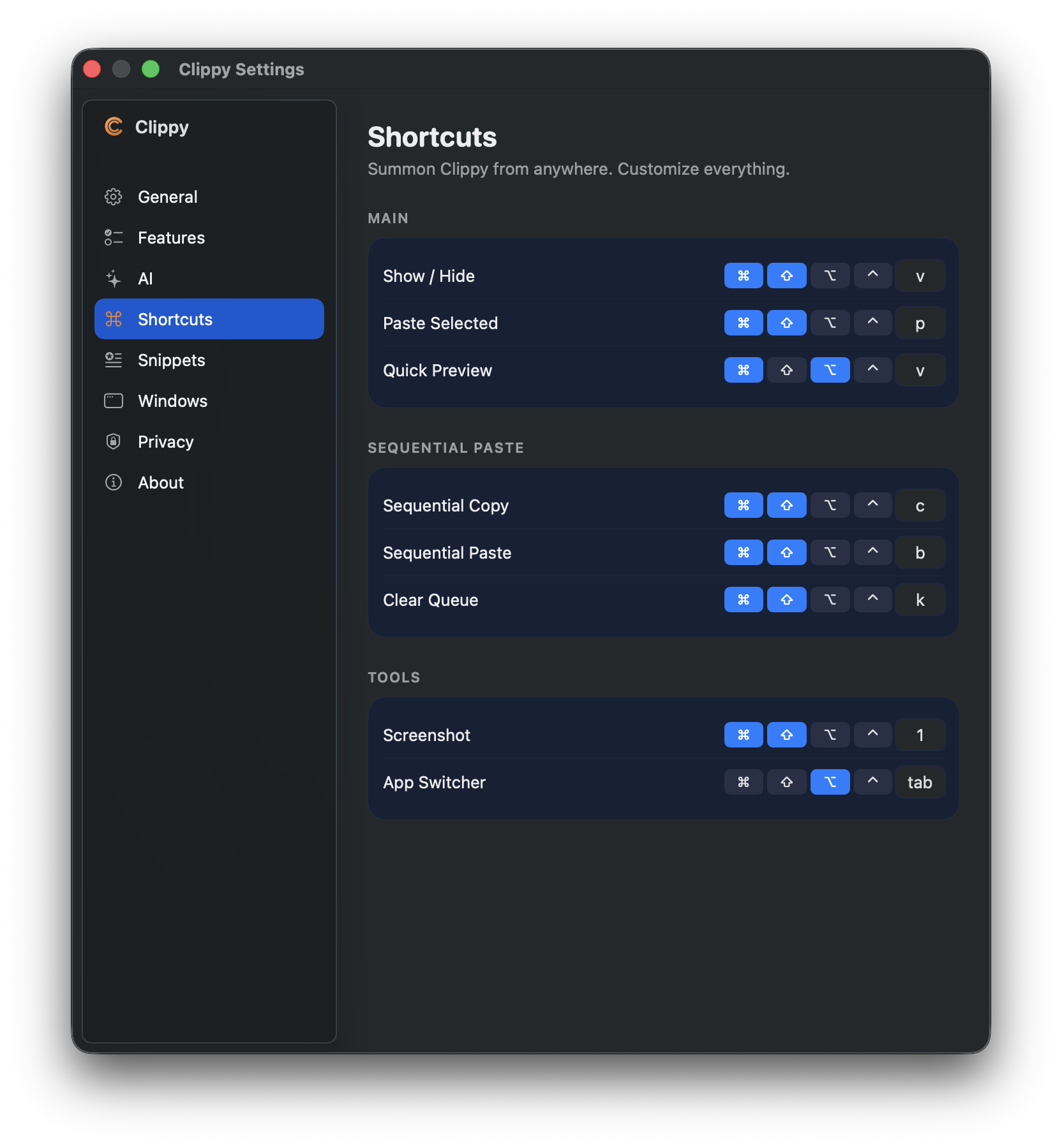 Settings → Shortcuts