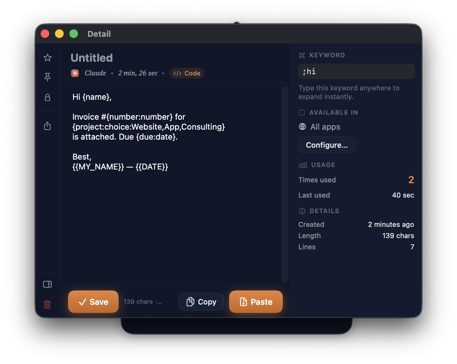 Snippet detail window with template and usage stats