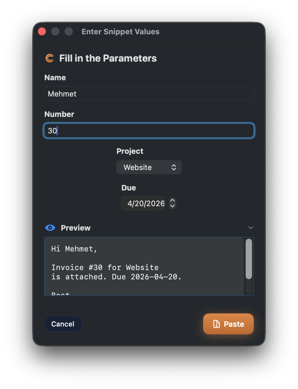 Parameter input dialog with live preview