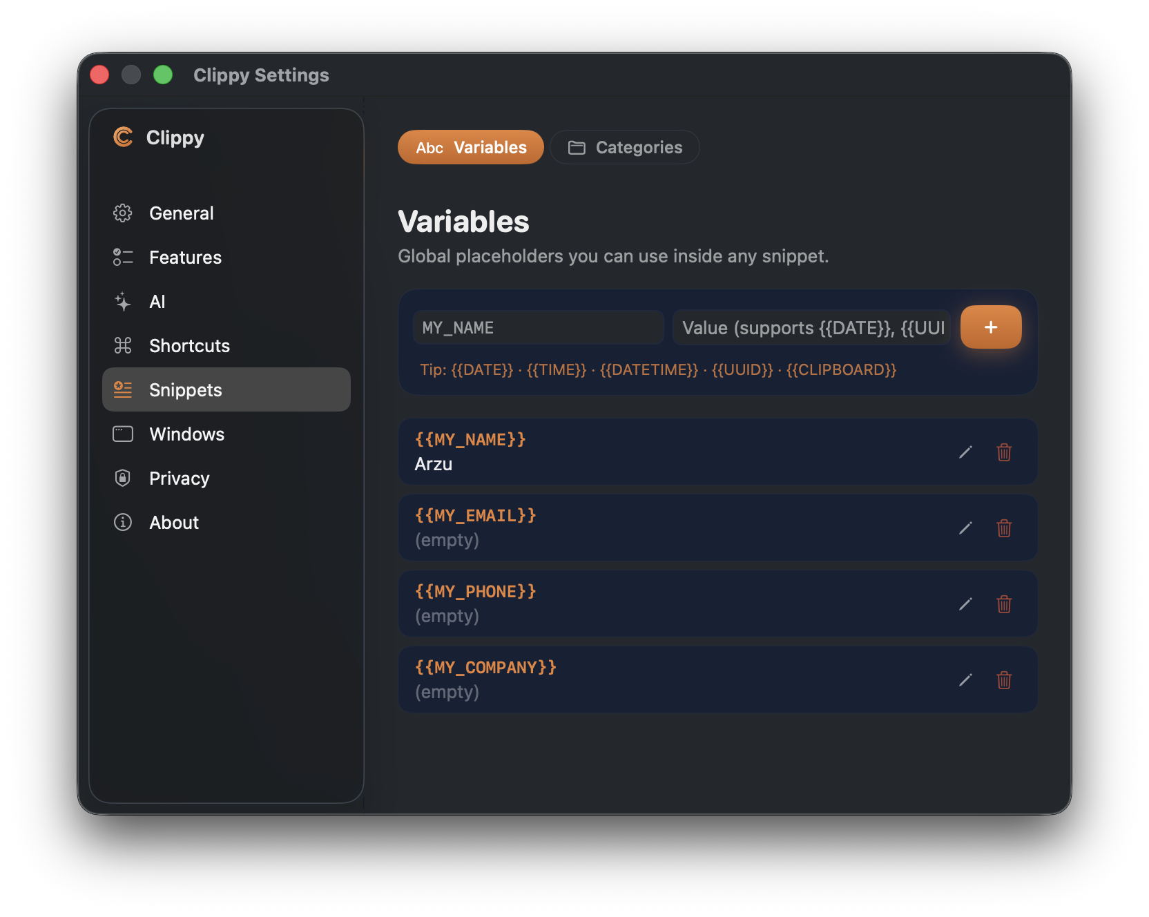 Custom snippet variables in Settings