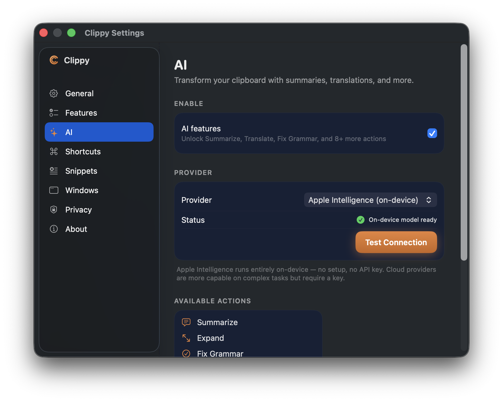 AI settings with Apple Intelligence selected — on-device model ready