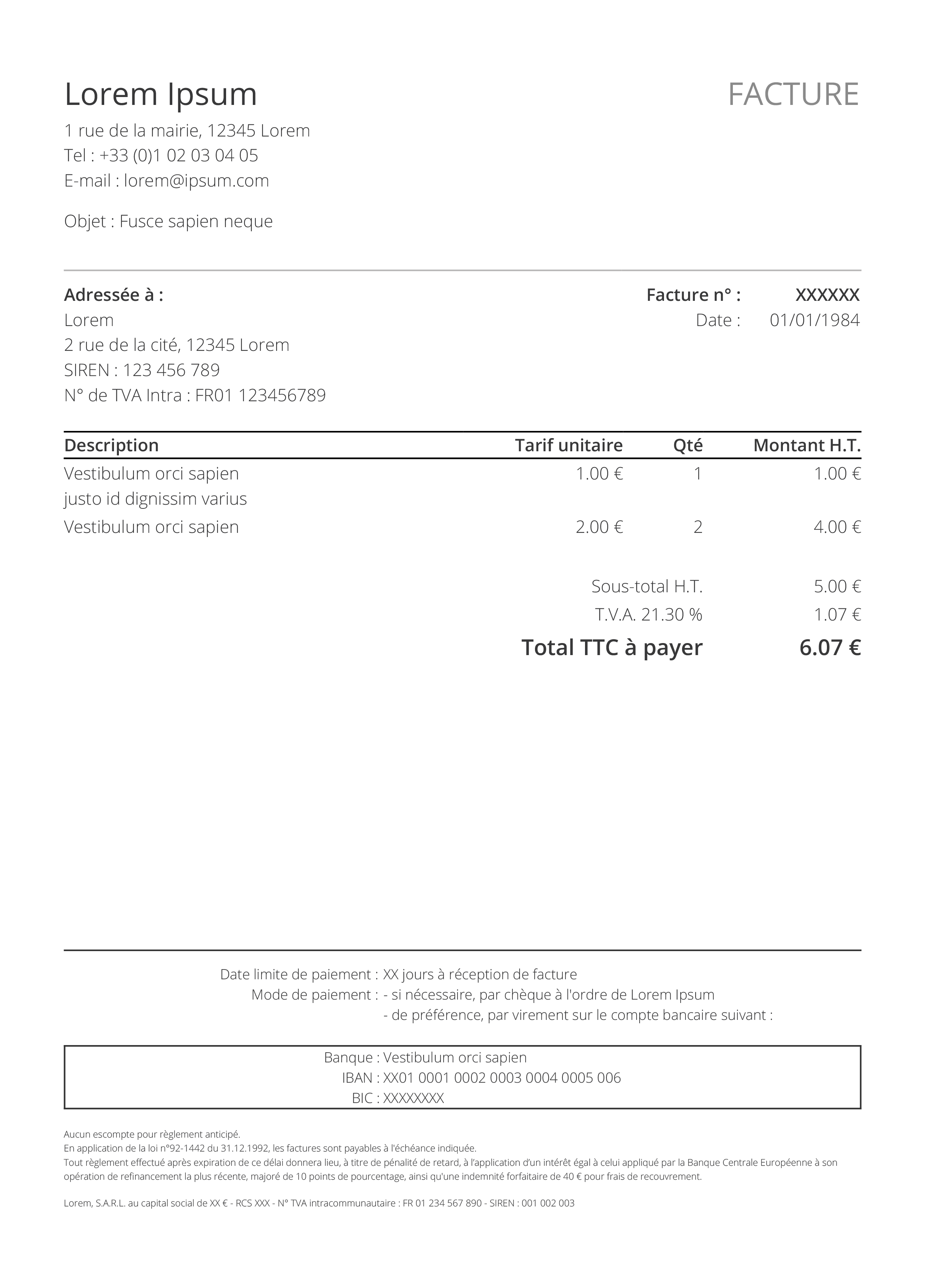 Screenshot de la facture