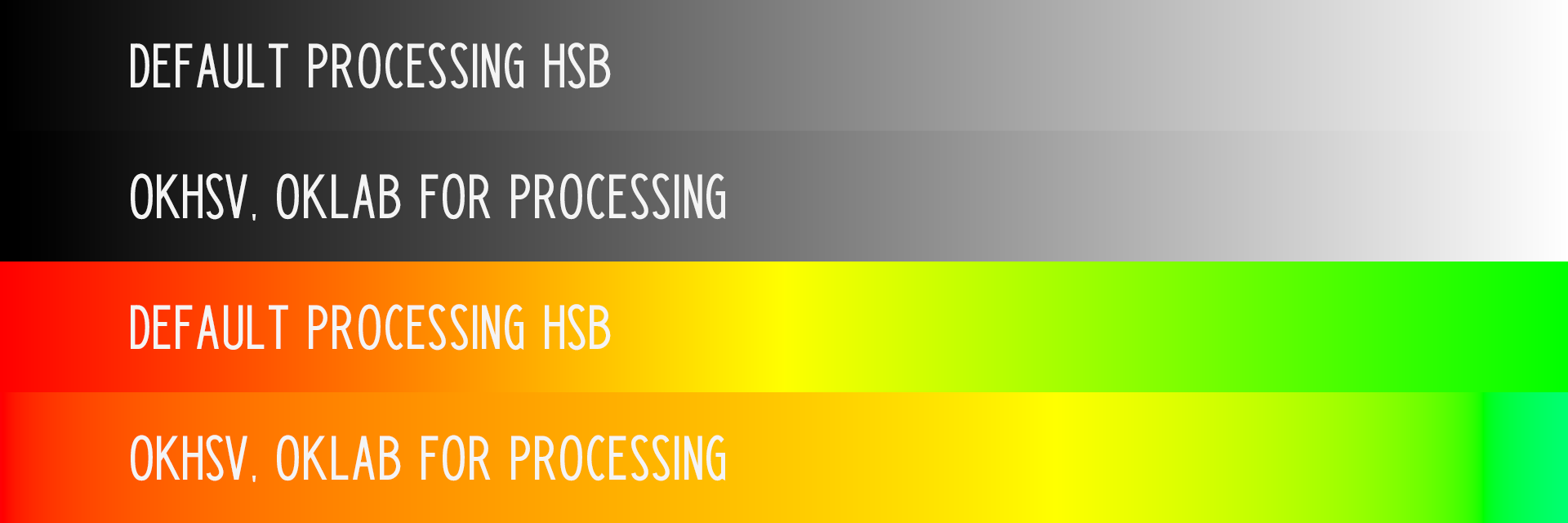 Comparison of smooth gradients as generated by Processing's default color functions versus Oklab-for-Processing's color functions.