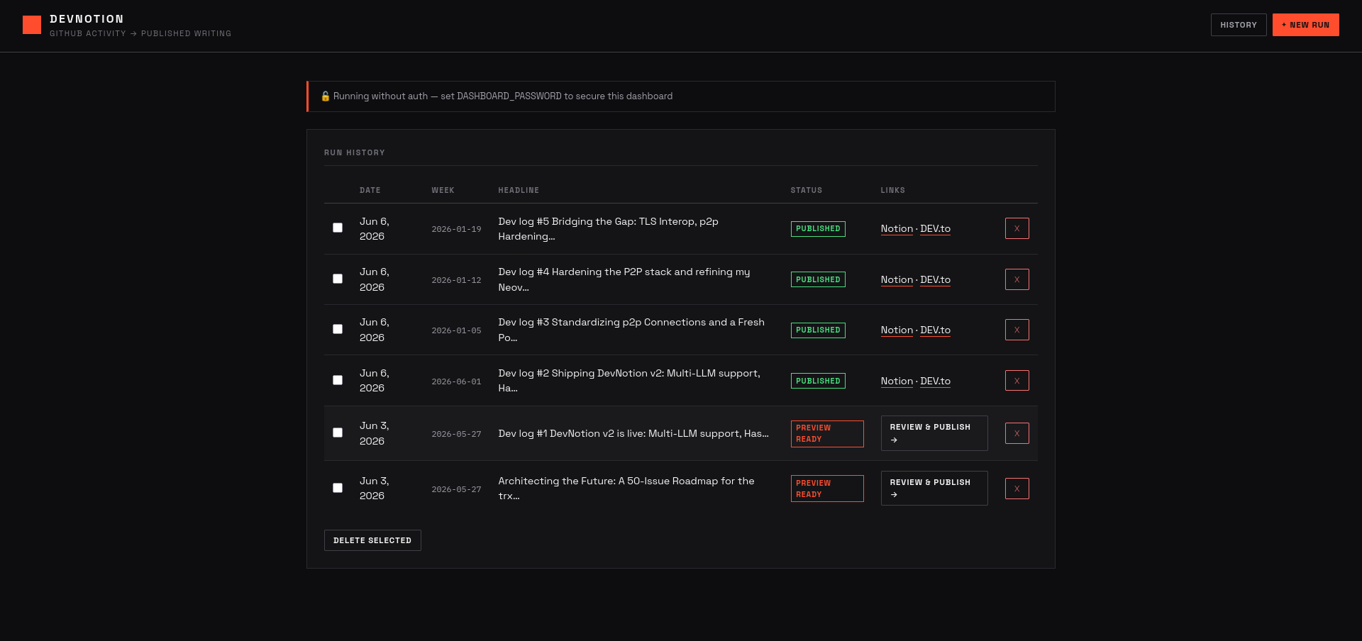 DevNotion dashboard