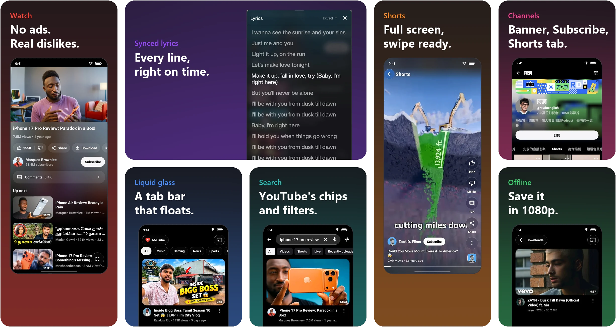 MeTube in seven cards: Watch (no ads, real dislikes), Synced lyrics (every line, right on time), Shorts (full screen, swipe ready), Channels (banner, Subscribe, Shorts tab), Liquid glass (a tab bar that floats), Search (YouTube's chips and filters) and Offline (save it in 1080p)