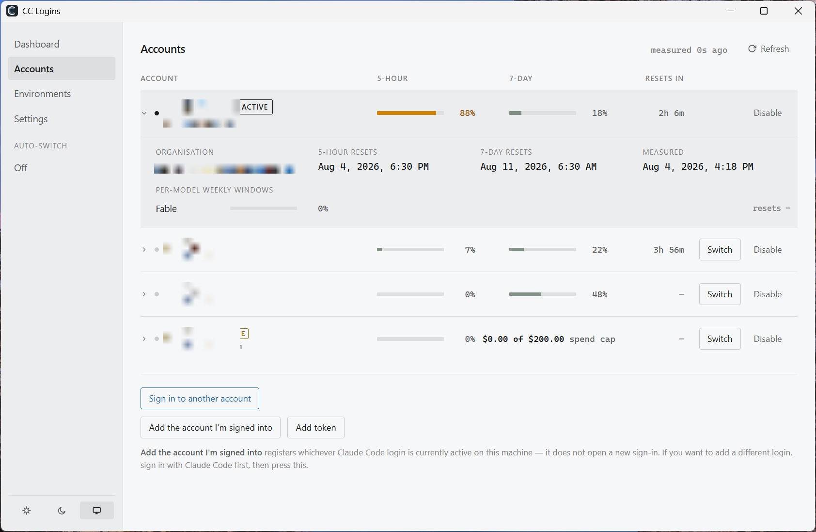 An expanded account row showing organisation, 5-hour and 7-day reset times, when it was last measured, and per-model weekly windows.