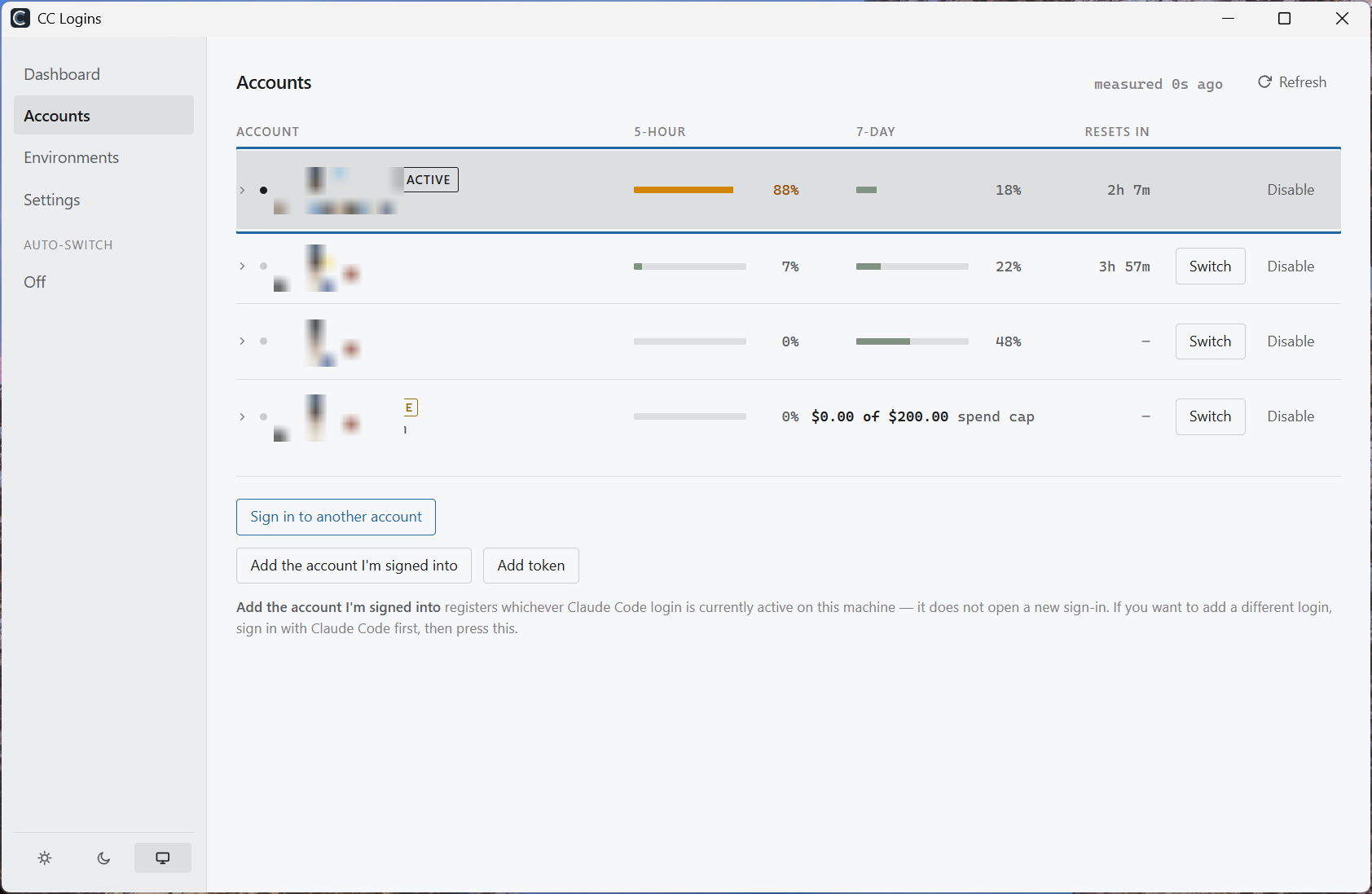 The Accounts screen listing four logins with utilisation bars, reset countdowns and switch buttons.