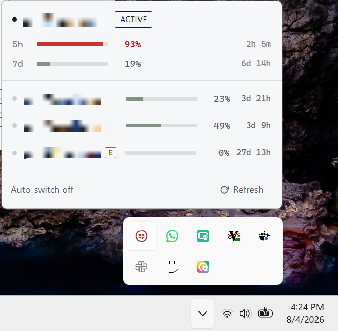 The tray popover: the active account's 5-hour and 7-day bars, every other account with its utilisation and reset countdown, and a switch one click away.