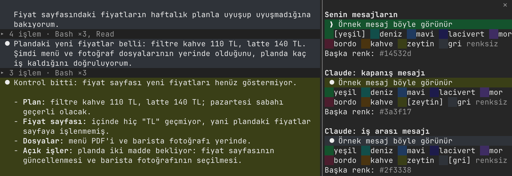 Katlanmış araçlar, renkli mesajlar ve sağda renk paneli