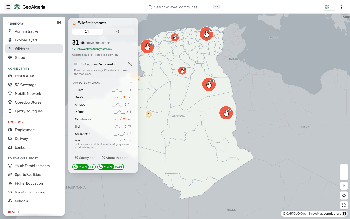 خريطة الحرائق المباشرة على geoalgeria.com/fires