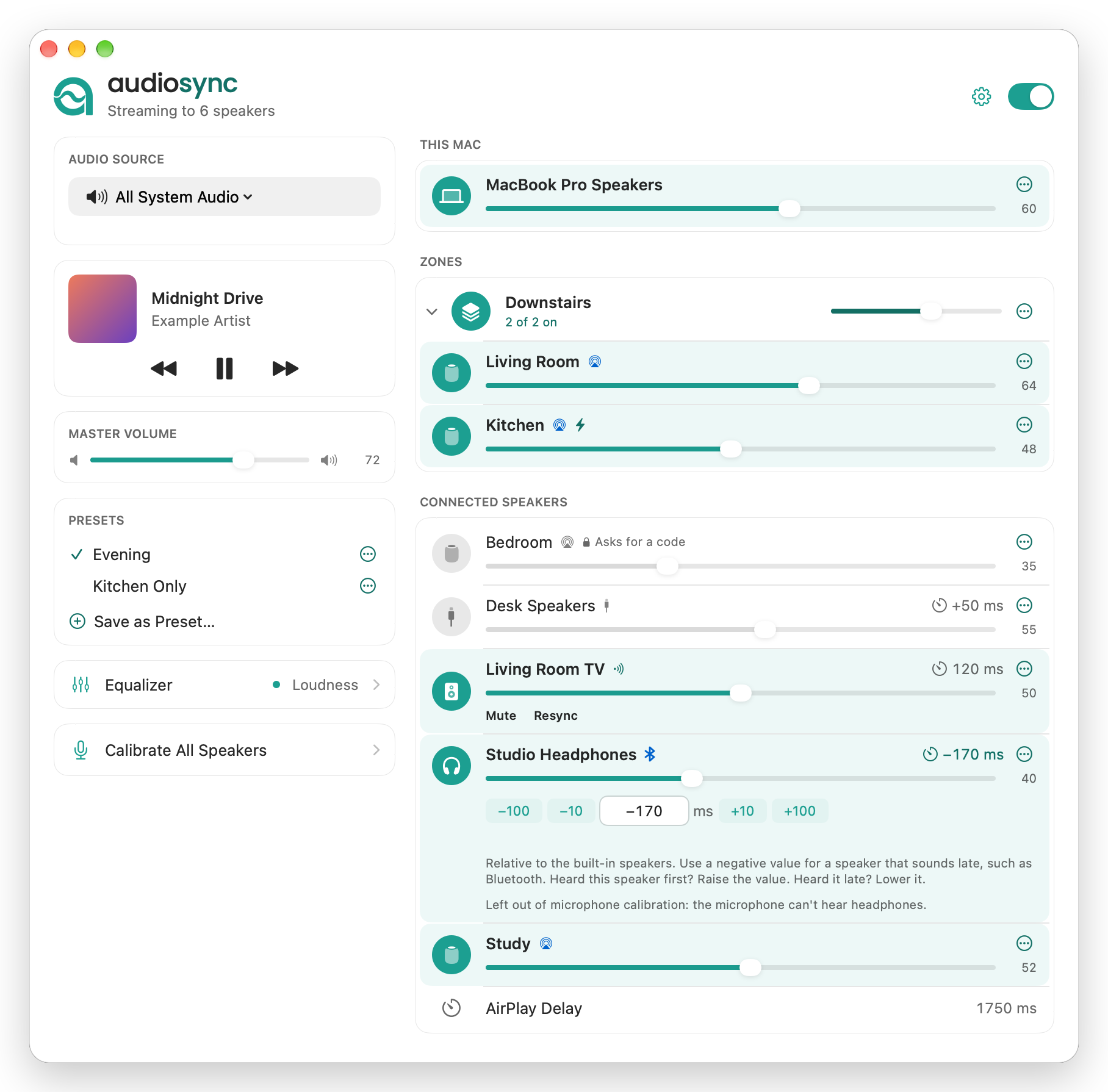 The AudioSync main window: audio source, Now Playing, master volume, presets and the equalizer set to Loudness on the left; on the right, the Mac's own speakers, a Downstairs zone with two speakers in it and the connected speakers, each with a volume slider and, for local outputs, a sync delay