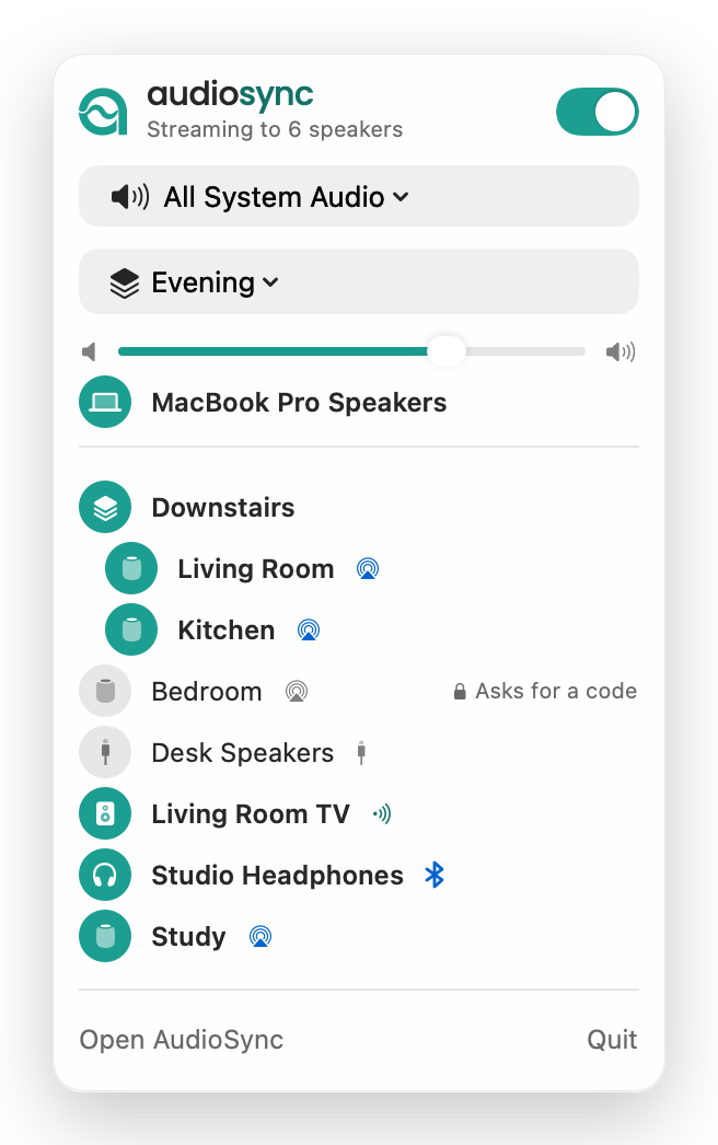 The AudioSync menu bar panel: power switch, audio source, the Evening preset and master volume, then the Mac's speakers, a Downstairs zone with its two speakers and the connected speakers, each shown as on or off