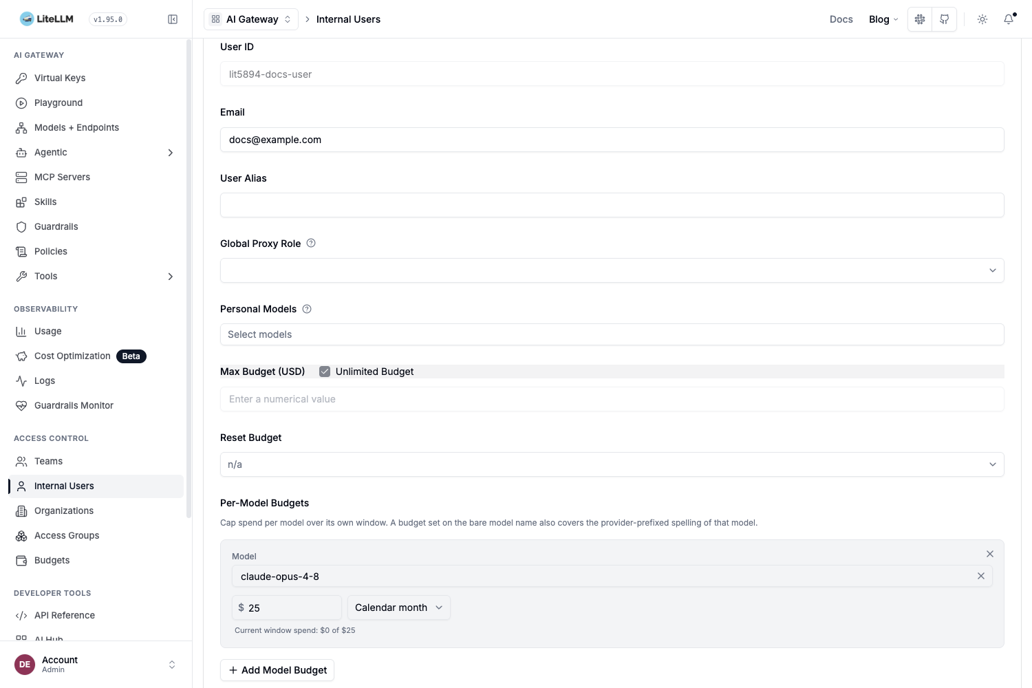 Per-Model Budgets on an internal user