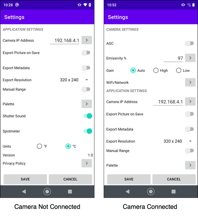 Settings Screen with and without camera settings