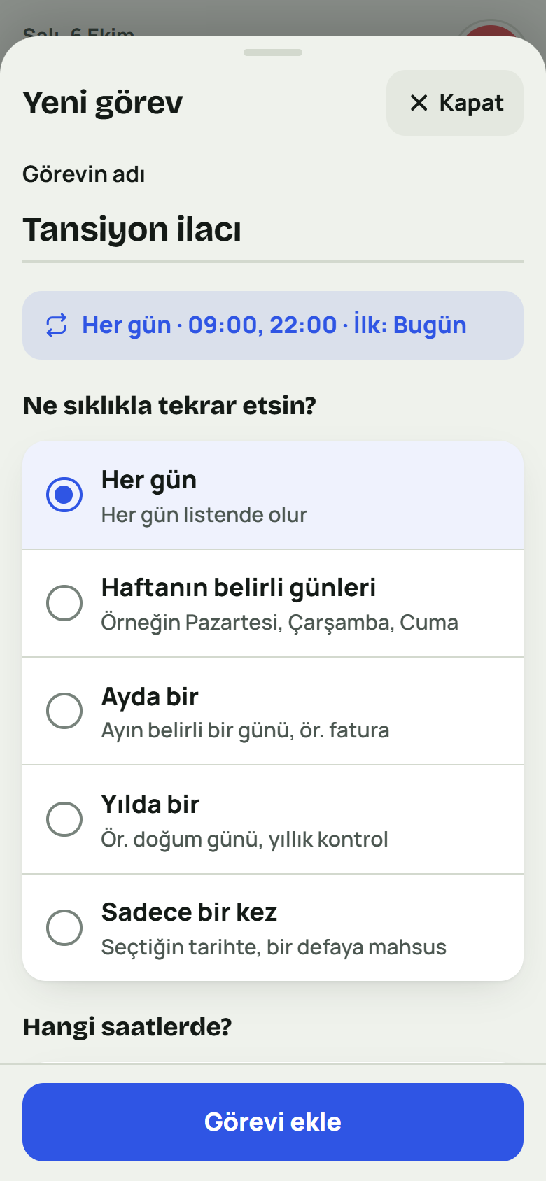 Adding a task: name, how often it repeats, and at what times