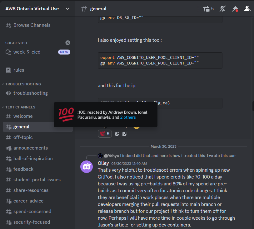 Discord conversation showing environment variable setup