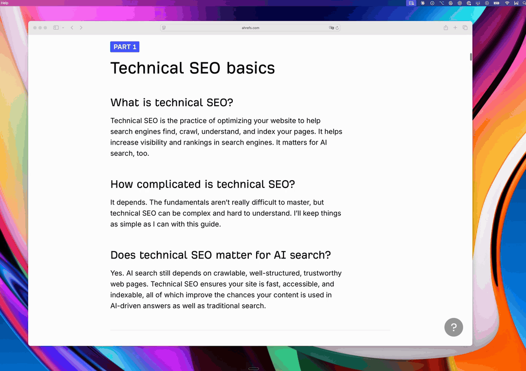 Both Option keys are pressed while an SEO guide is open; the window flies to a thumbnail under the menu bar, and the next Claude Code message reads back what was on screen.