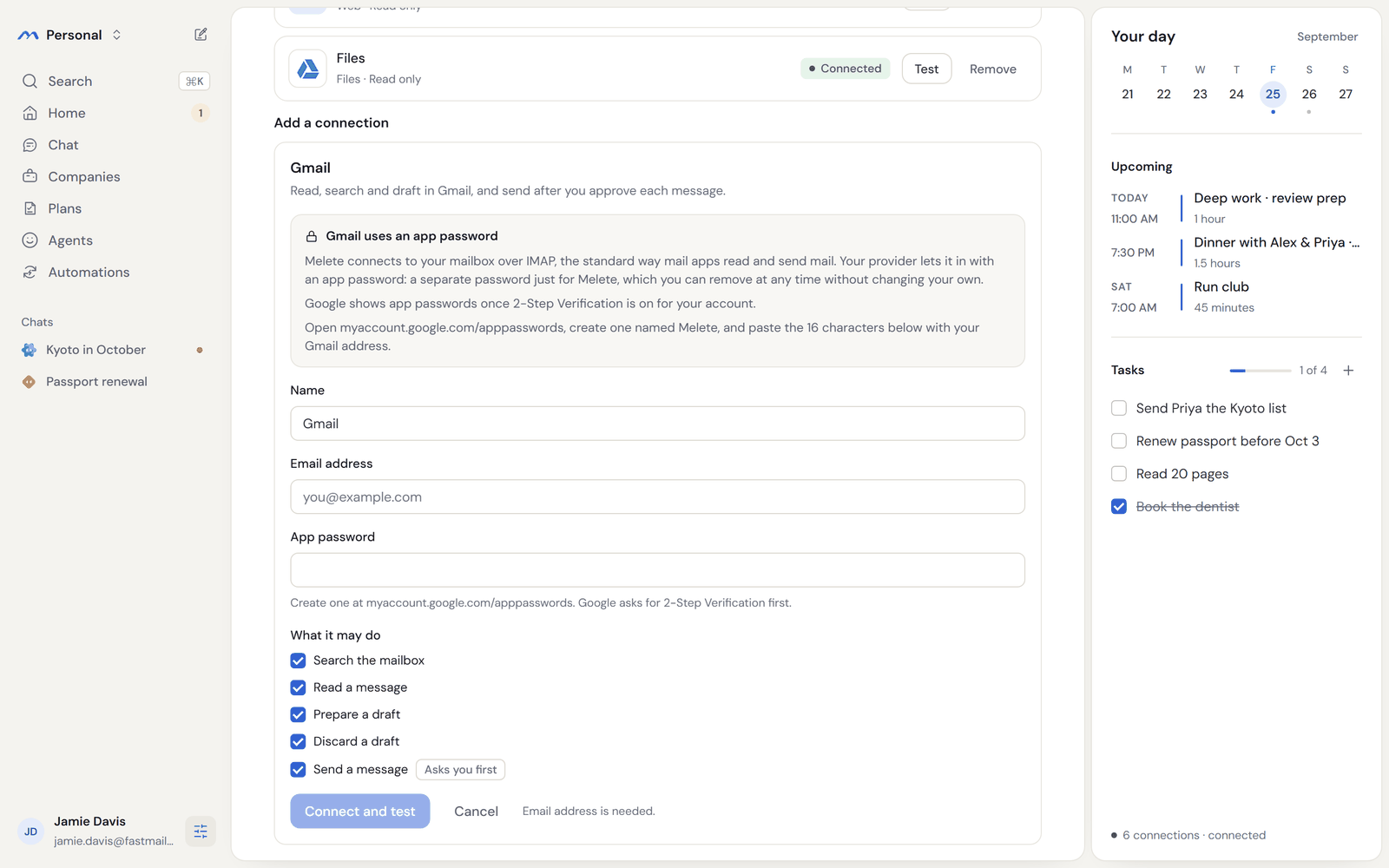 The Gmail connection form in Settings, asking for an email address and an app password