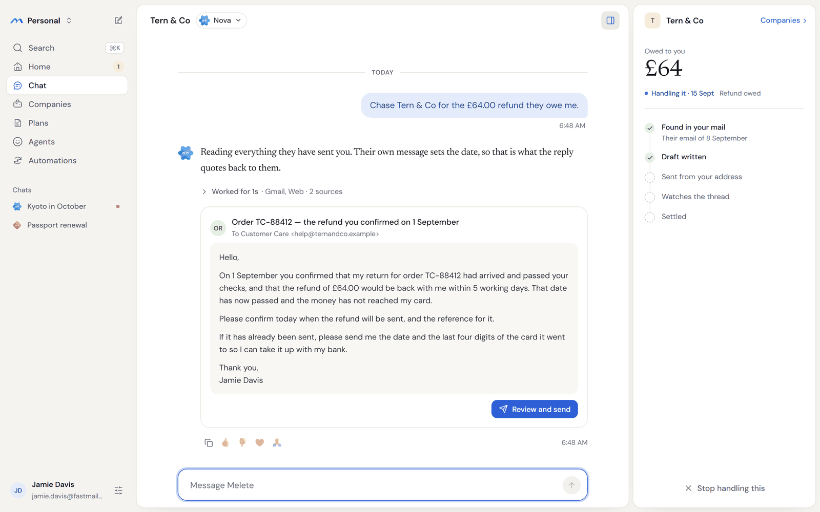 A chat asking Melete to chase Tern & Co for a £64 refund, with the drafted email and a Review and send button