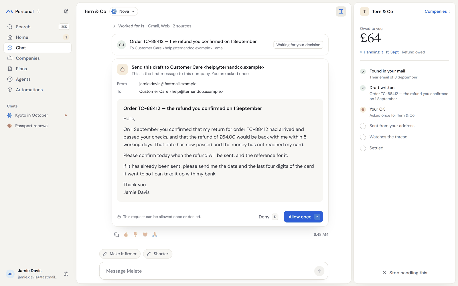 The approval card showing From, To and the full email, with Deny and Allow once