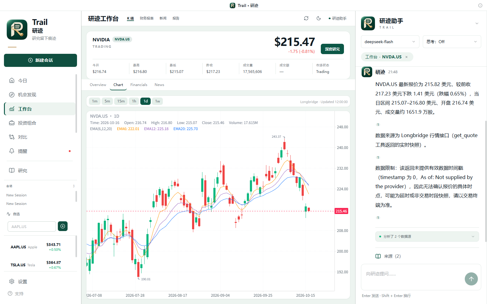 长桥真实行情和K线，右侧DeepSeek助手回答并附来源入口