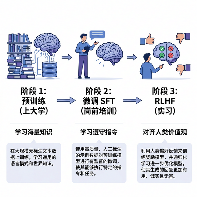 图 6-3：大模型训练的三阶段流水线：预训练、微调与 RLHF