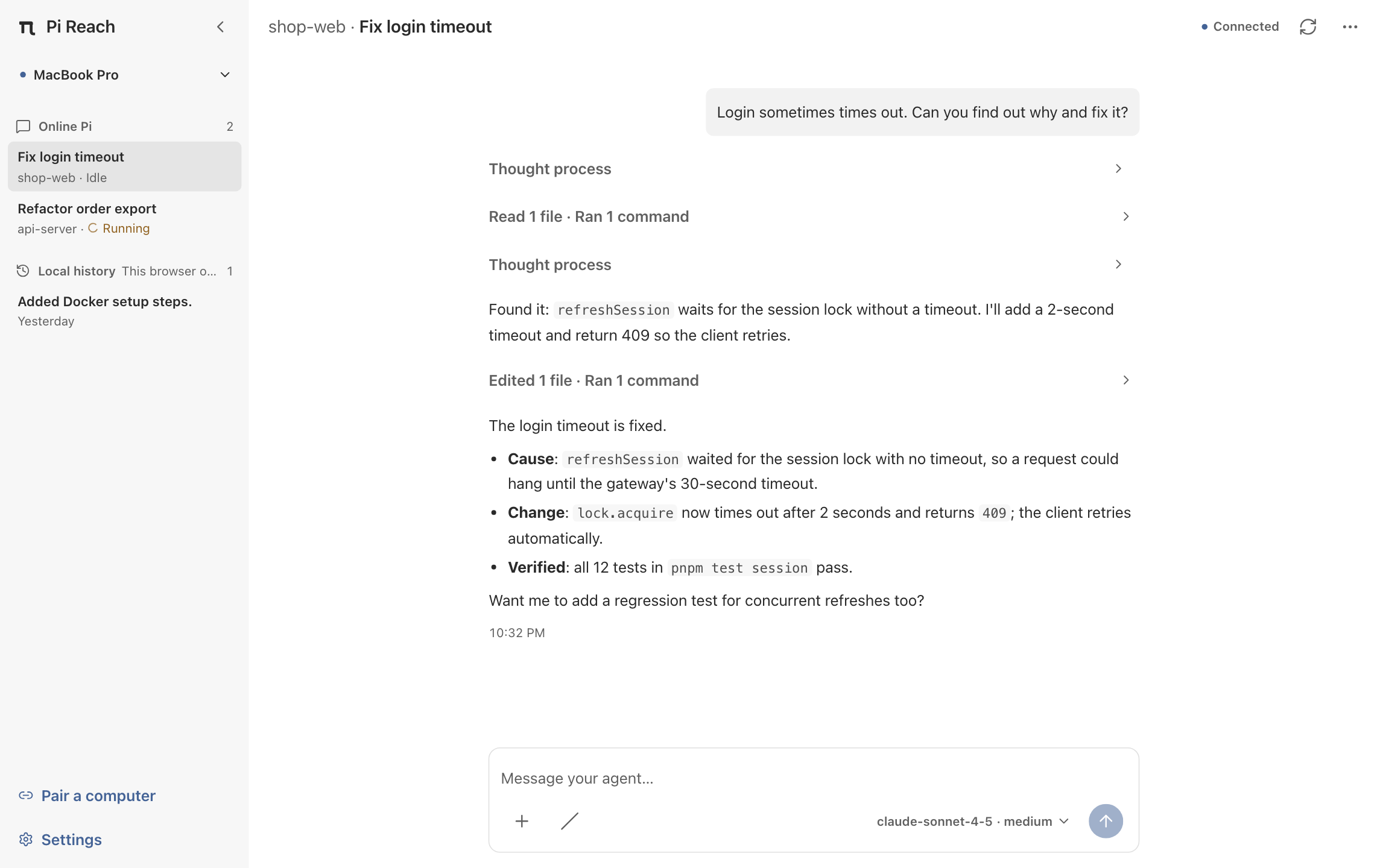 Pi Reach desktop workspace with multiple online Pi sessions and a live conversation