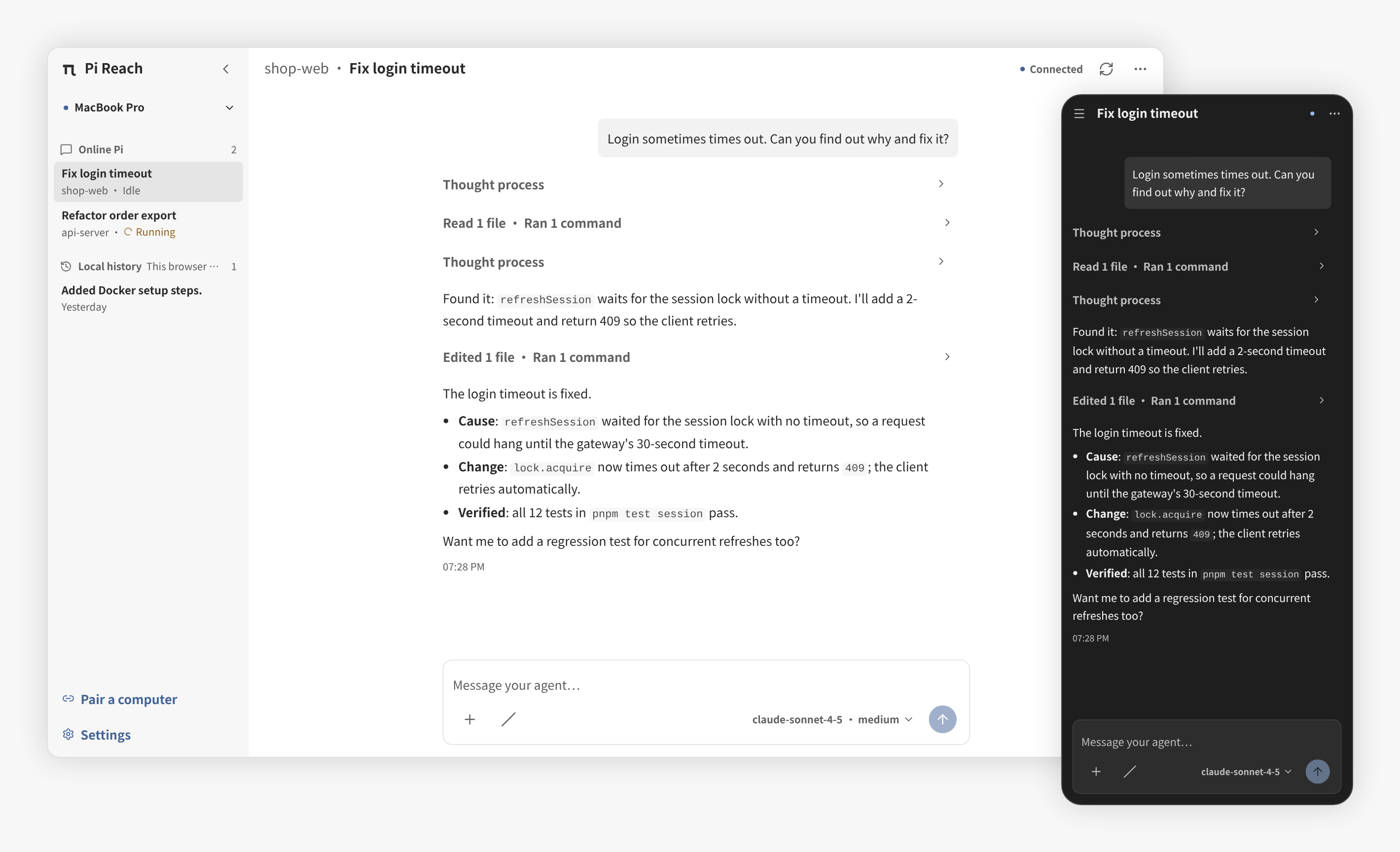 Pi Reach on desktop with multiple online Pi sessions and a live conversation, next to the same conversation on a phone in dark mode