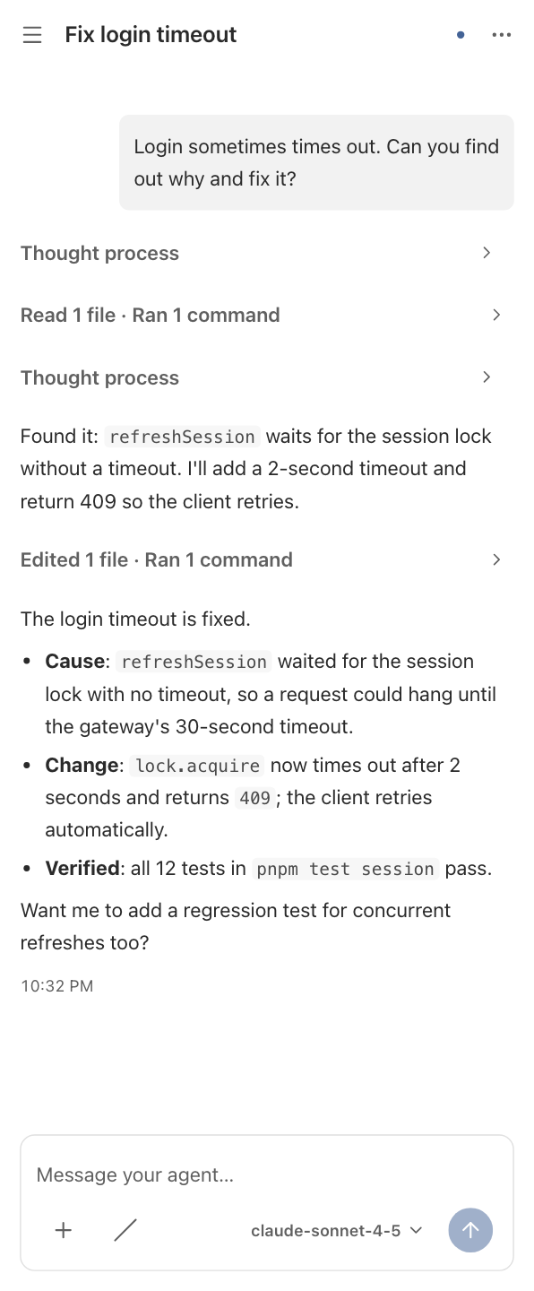 Pi Reach mobile conversation with tool activity and the message composer