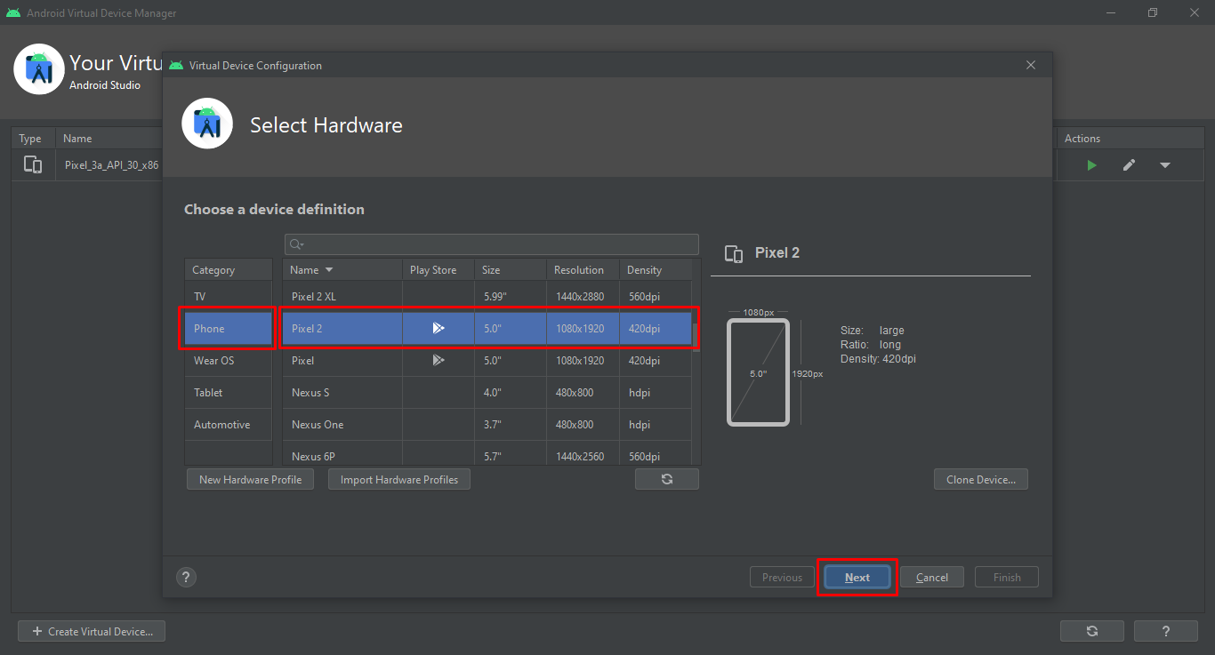 AVD Manager | Virtual Device Configuration | Select Hardware