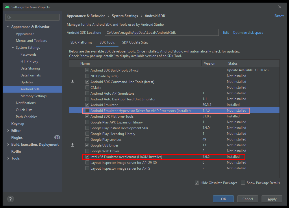 AMD and Intel Emulator elements installer