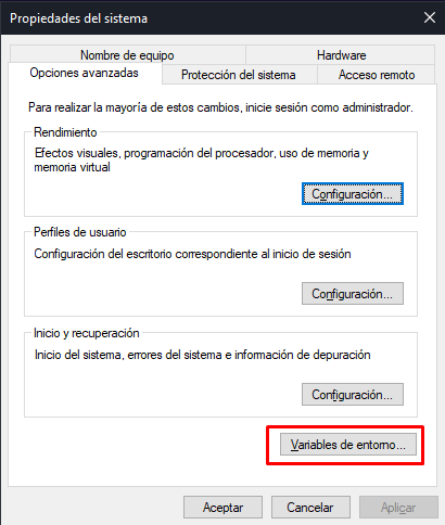 Propiedades del sistema | Variables del entorno