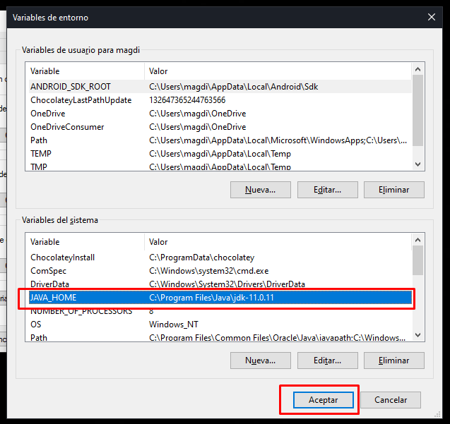 JAVA_HOME en VARIABLES DEL SISTEMA