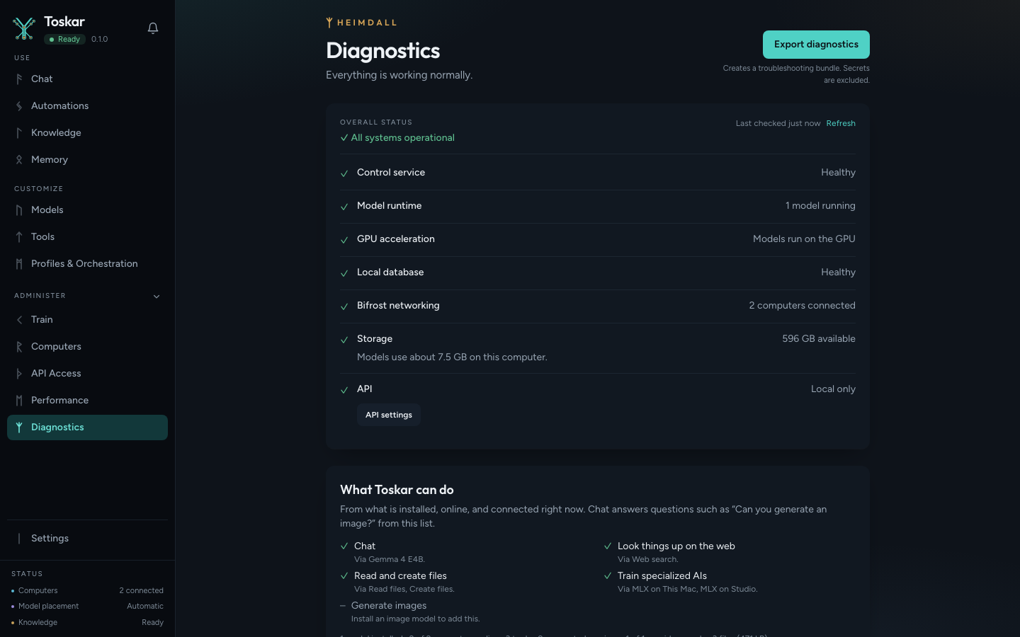 Diagnostics showing the local service is healthy