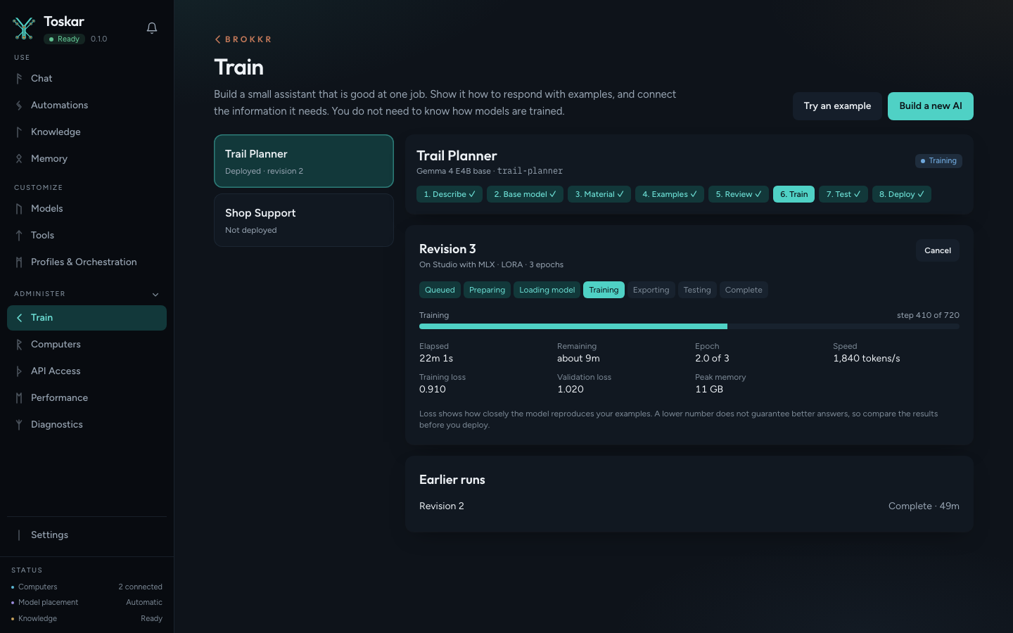 Training a specialized AI on a second computer