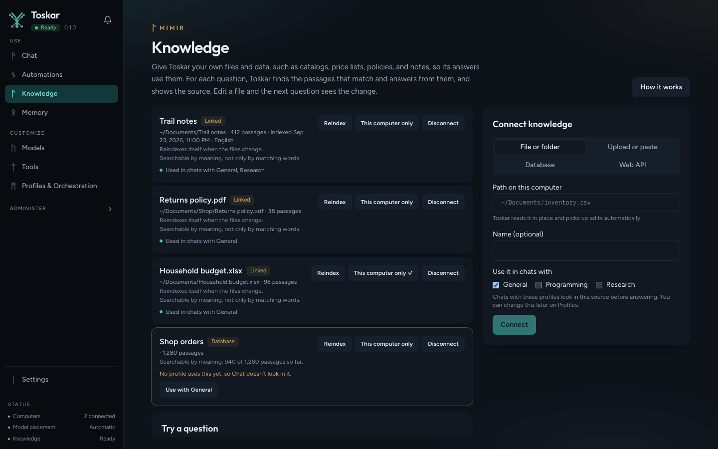 Folders, a PDF, a spreadsheet, and a database connected as knowledge